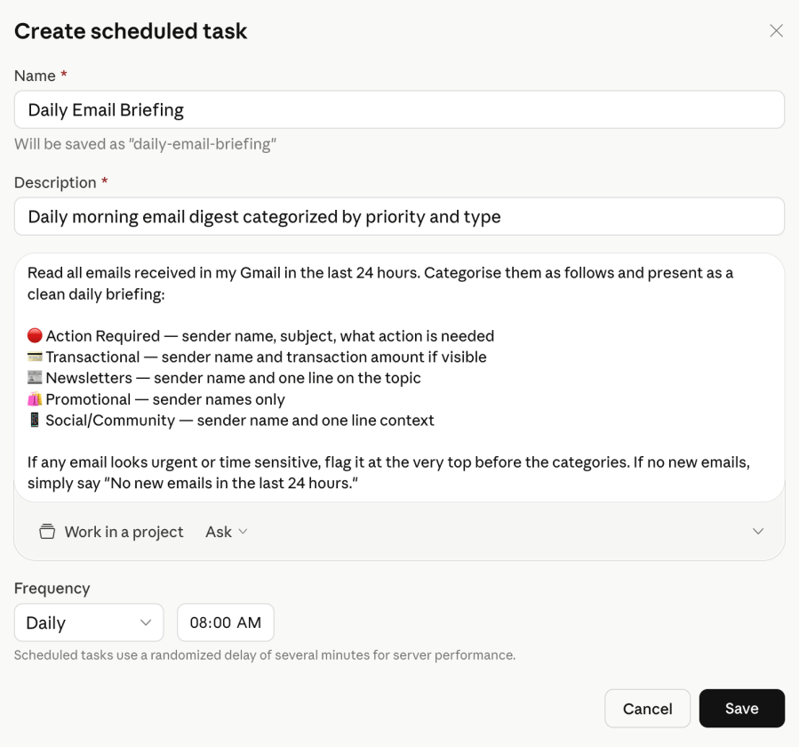 Published task setup from the email-automation journey